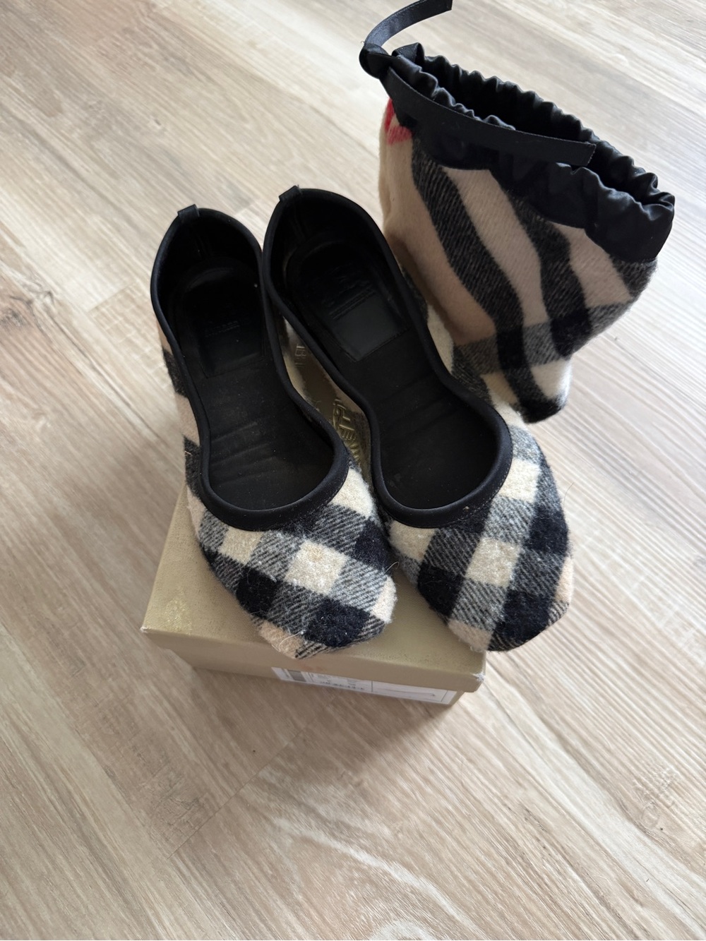 Burberry Nova Check Wool Ballet Slipper Flats, Size 38